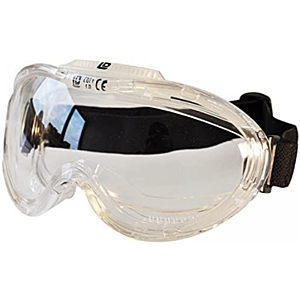Durchsichtige Schutzbrille für ein großes Sichtfeld mit verstellbarem, schwarzen Kopfband, fester Sitz, sicheres Polycarbonat