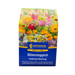 Saatguttüte Blütenteppich Kiepenkerl Profi‑Line 40 g Packung mit bunten, niedrigwachsenden Wildblumenmotiven und Streuhilfe, ein Herz für Nützlinge