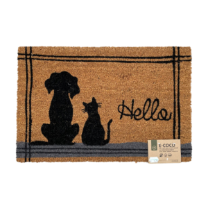 Fußabtreter von E-Coco mit Hund und Katzenmotiv, nebeneinandersitzend, Schriftzug Hello, 100% aus Kokos, Fußmatte aus natürlichem Material