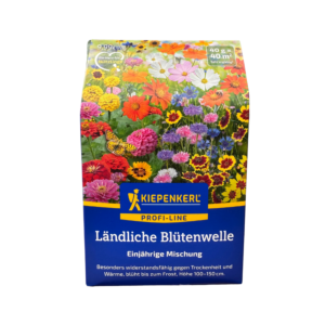 Saatguttüte Ländliche Blütenwelle Kiepenkerl Profi‑Line 40 g mit Wildblumen-Illustration in natürlichen Farben, einjährige Mischung