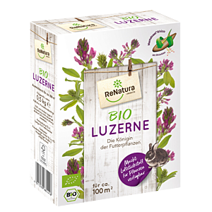 Renatura Bio Luzerne in der 0,5kg Schachtel, Die Königin der Futterpflanzen,  macht Luftstickstoff für Pflanzen verfügbar, für Weidevieh als auch Kleintiere wie Kaninchen besonders beliebt, Mantelsaat Rhizo