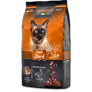 Packung Leonardo Adult Duck 1,8 kg – Enten-Trockenfutter mit Chiasaat und Krill für erwachsene Katzen, ideal bei wenig Aktivität und Haarballen‐Problemen.