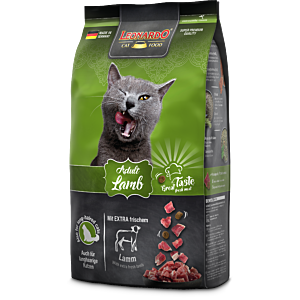 Packung Leonardo Adult Lamb 1,8 kg – Trockenfutter mit extra frischem Lamm, Krill & Chiasaat, ideal für erwachsene und langhaarige Katzen mit sensibler Verdauung.