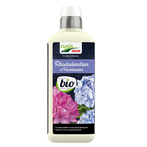 Flüssigdünger für Rhododendren, Hortensien und Moorbeetpflanzen von Cuxin DCM, bio, für tiefgrüne Blätter und volle Blütenpracht, helle 0,8 Liter Flasche mit Dosierkappe