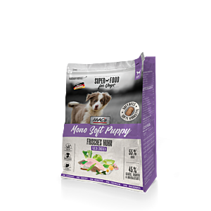 Beutel MAC’s DOG Mono Soft Puppy Frisches Huhn 4 kg – halbfeuchtes, getreidefreies Welpenfutter mit frischem Huhn, Gemüse und Kräutern